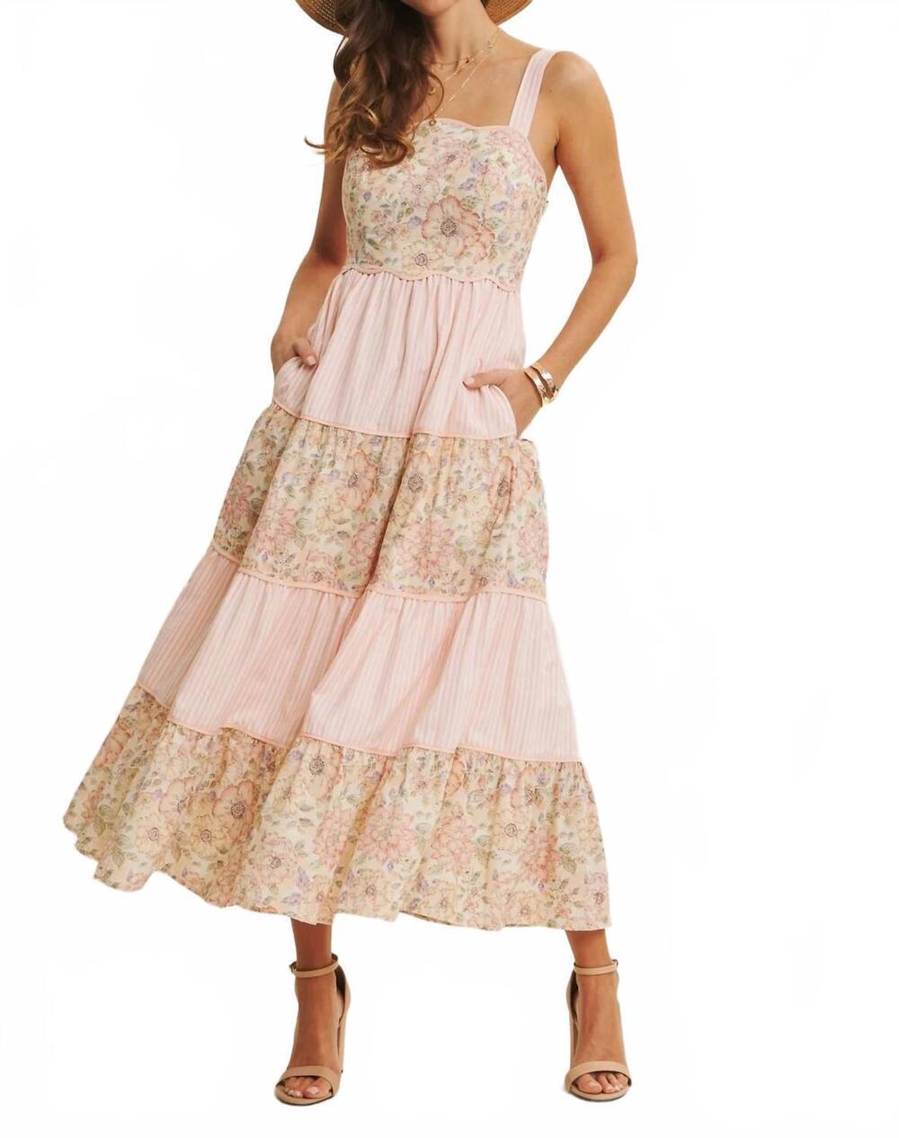 NEW IN FEBRUARY dreamy ideal florals and stripes tiered midi dress in peach